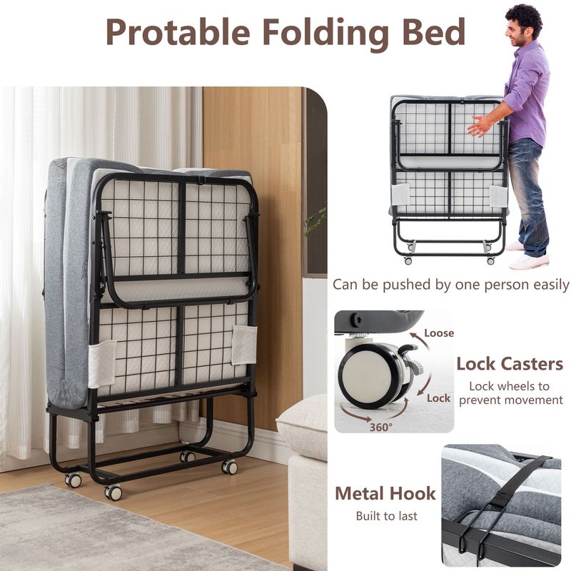 Portable Folding Bed Metal Frame Rollaway Bed With Memory Foam Mattress & Wheels_voghion.com