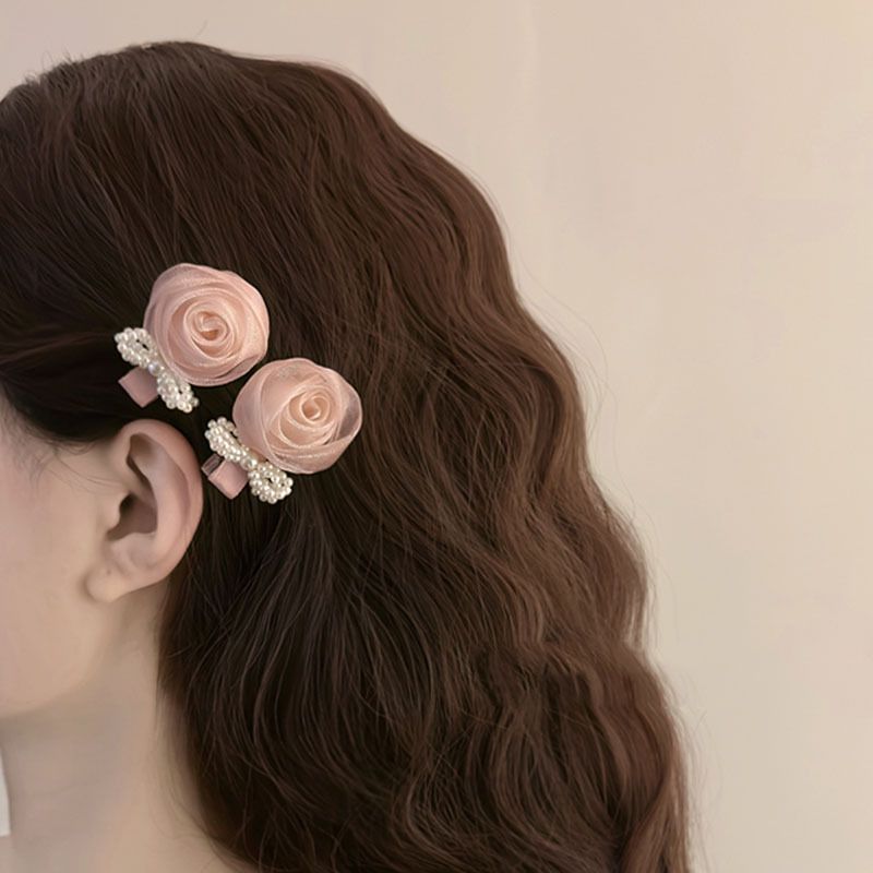 Preciosa horquilla con diseño retro francés de flores rosas y lazo de perla, flequillo con pinza lateral, accesorios para el cabello de hada para niña_voghion.com
