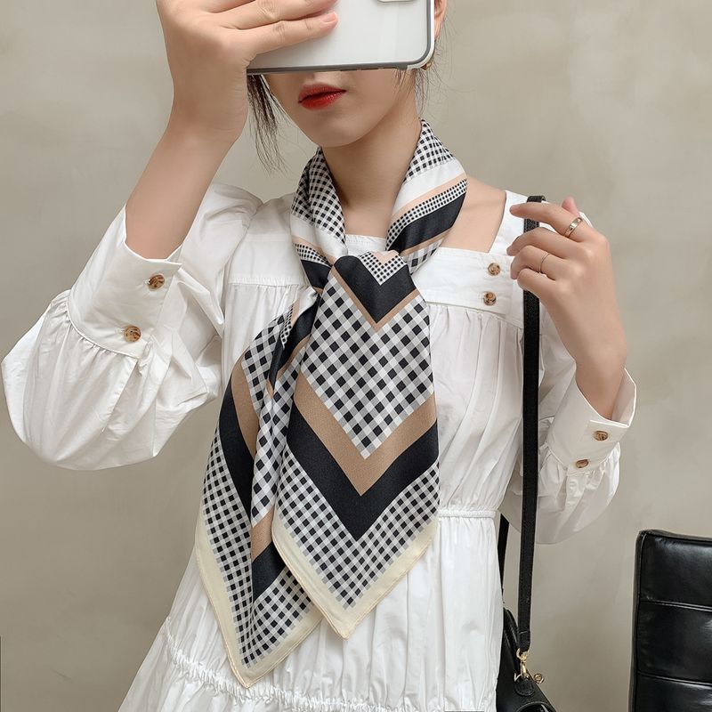 New 90 square with small grid design, artistic simple shawl scarf, breathable and sunscreen scarf_voghion.com