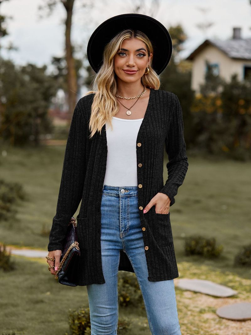 Nueva chaqueta tipo cárdigan de manga larga de color liso con tiras cepilladas para mujer_voghion.com