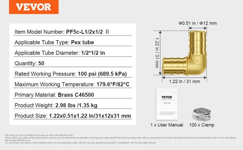 Pipe Fittings 1/2" 50PCS Brass Clamp-style Elbows For Heating System_voghion.com