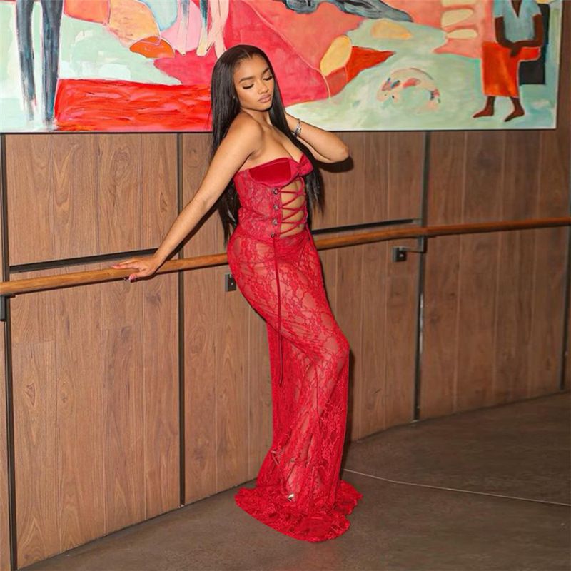 Abito aderente invernale sexy in pizzo senza spalline - Abito lungo senza maniche con fasciatura, rete trasparente e vita alta (rosso, S/M/L)_voghion.com