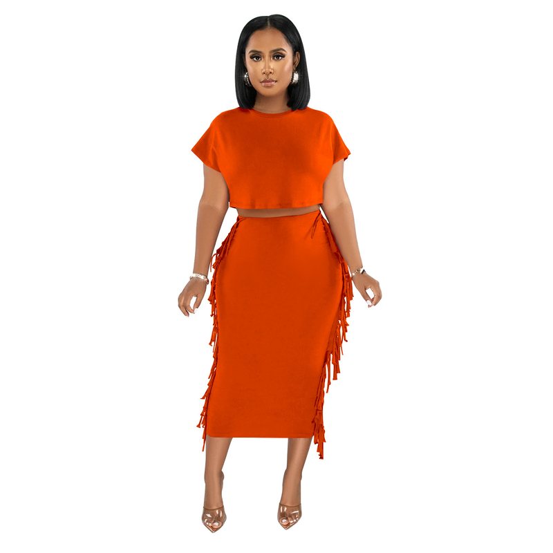 X6331 Ensemble deux pièces pour femme, robe longue à manches courtes et col rond, couleur unie, avec pompons_voghion.com