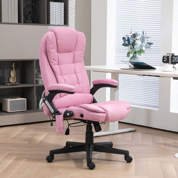 HOMCOM Linen Vibrating Massage Heated Office Chair High Back Reclining Padded Armrests Remote Pink_voghion.com