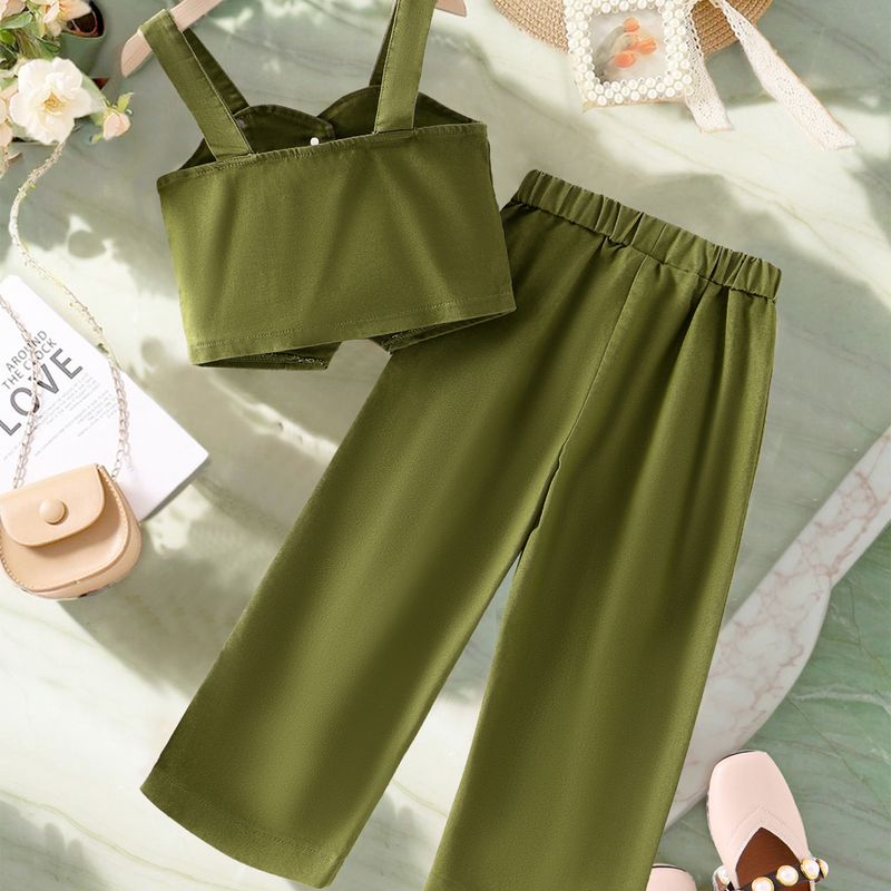 Traje de trabajo para madres e hijos, para niñas, color liso, con tirantes y botonadura sencilla, de mezclilla, talla pequeña y mediana, de dos piezas._voghion.com