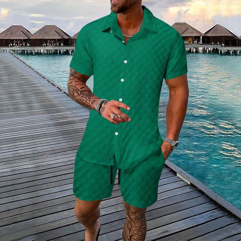 ActiveGo ActiveGo 2024 Camicia da uomo estiva europea e americana, casual, ampia, a maniche corte, pantaloncini, set da spiaggia_voghion.com