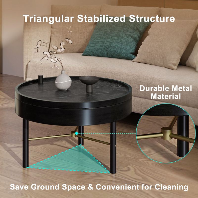 Modern Round Wood Rotating Tray Coffee Table With Storage & Metal Legs_voghion.com