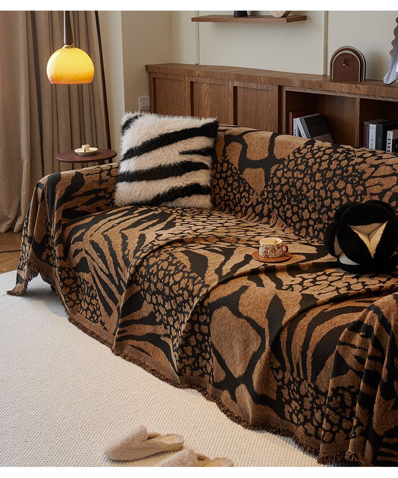 Vintage Chenille Leopard Print Sofa Cover Throw Blanket - Soft Thick Textured Fabric For 3-Seater Couch - French Style Thickened Sofa Blanket_voghion.com