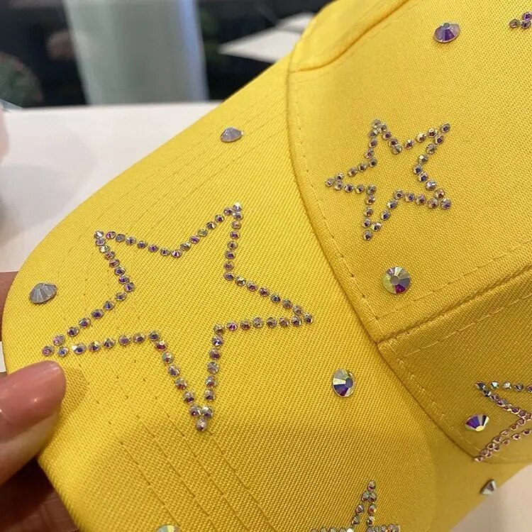 Cappello da sole da donna con stella a cinque punte intarsiata con diamanti, berretto con visiera femminile casual regolabile in cotone primaverile ed estivo_voghion.com