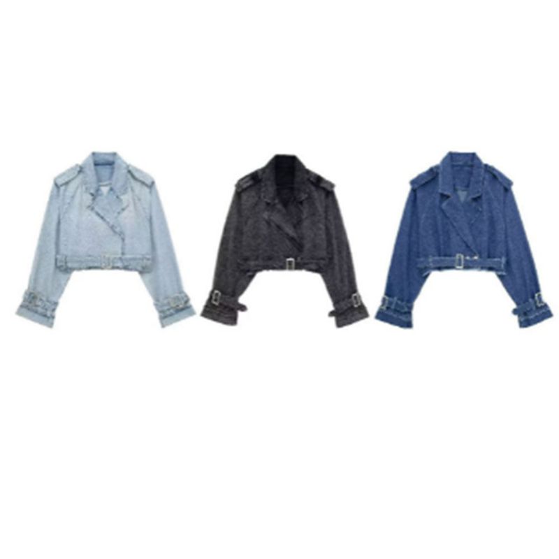 Trench in denim da donna – Elegante giacca corta con cintura, colletto casual, misto poliestere, azzurro/blu/grigio scuro, XS/S/M/L_voghion.com