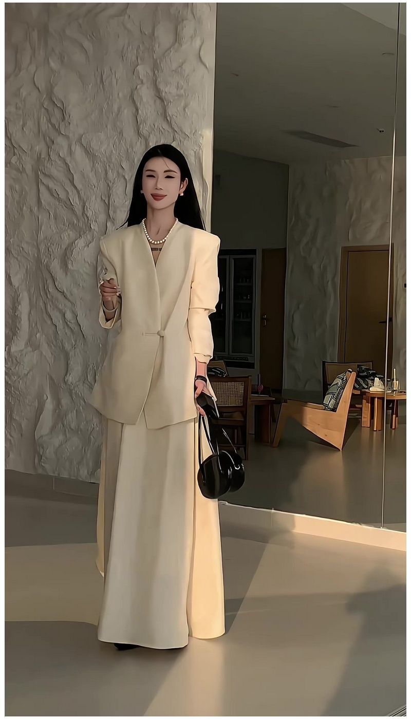 Chinesischer Modeanzug im französischen Stil für Frauen im Frühjahr, neuer eleganter Blazer mit V-Ausschnitt und hoher Taille, zweiteiliges Set_voghion.com
