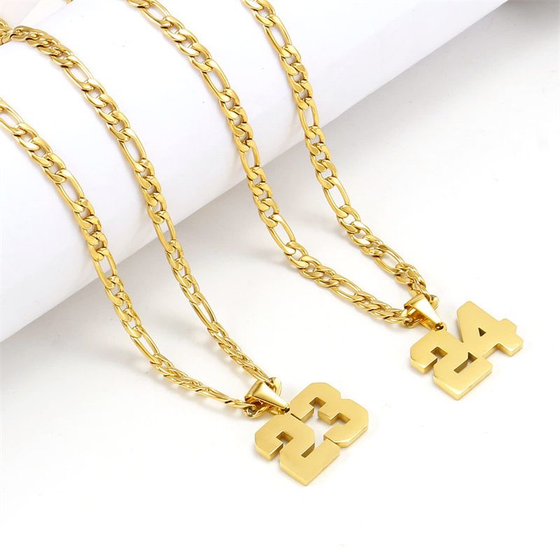 Men's Stainless Steel Sports Number Necklace - Customizable Baseball Basketball Football Team Pendant - Gold Finish_voghion.com