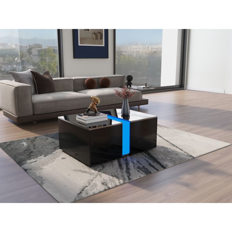 Haute luminosité Couchtisch Mit Fernbedienung 16 Farben LED Lichter, Versenkbares Fach, LED Sofa Ablagetisch Für Wohnzimmer, 73*60*34cm Hochglanz Schwarz_voghion.com