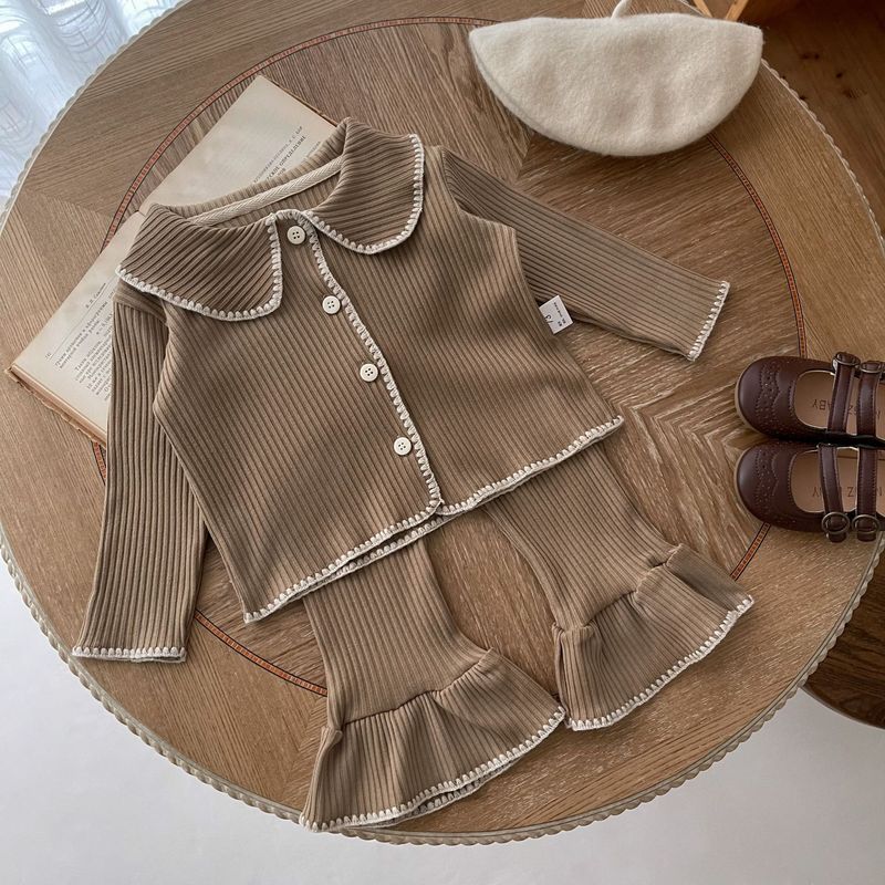 INS Spring Autumn Baby Shell Knitted Split Set for Girls Babies with contrasting color cardigan and flared pants_voghion.com
