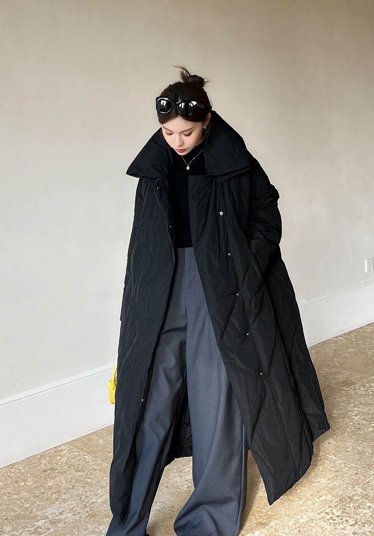 Knielanger gesteppter Wintermantel für Damen – Verdickte, locker sitzende Baumwolljacke in Schwarz/Grau_voghion.com