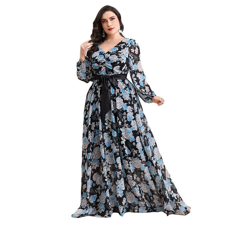 Vestido longo elegante de chiffon com decote em V, tamanho grande, com estampa floral e cinto para convidadas de casamento ou ocasiões formais_voghion.com