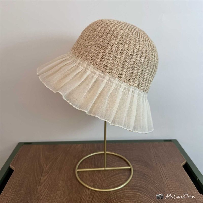 Cappello da pescatore lavorato a maglia con gonna in pizzo e giunture, cappello da sole estivo lavorato a maglia per bambini_voghion.com