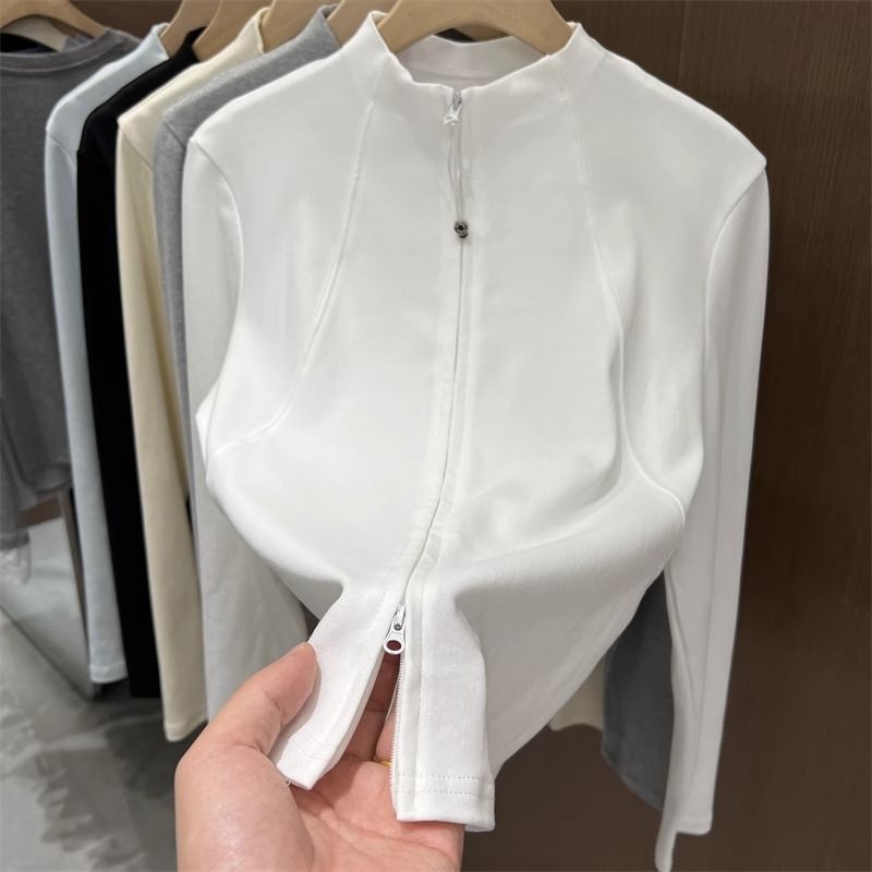 Top tunica alla moda con collo alto, maniche lunghe e cerniera per donna – Camicetta casual slim fit con design a doppia cerniera_voghion.com