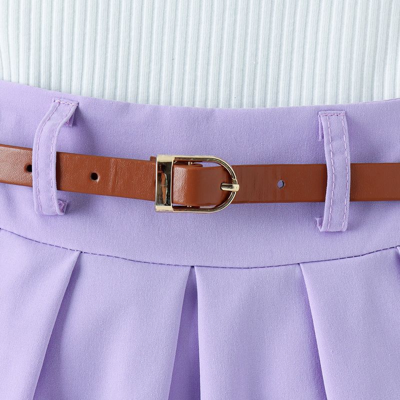 Kinderkleidung für Mädchen im Sommer, neuer Stil, geripptes Revers, Weste, Oberteil, Faltenrock mit Gürtel_voghion.com