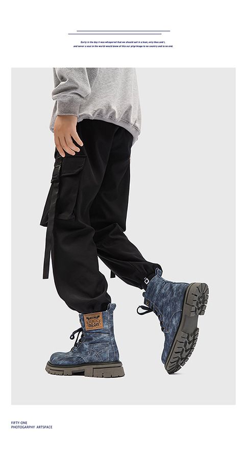 Men’s Shoes version sweet retro style thick heel round toe front lace up men's mid tube denim boots_voghion.com