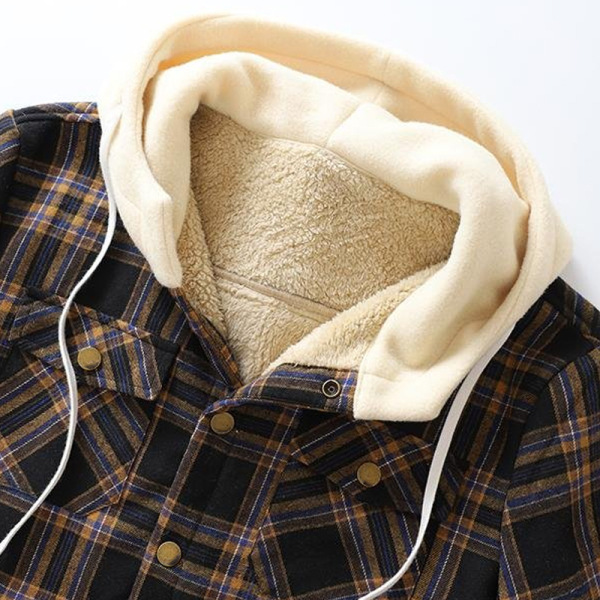 Veste à manches longues à capuche décontractée en peluche à carreaux pour hommes_voghion.com
