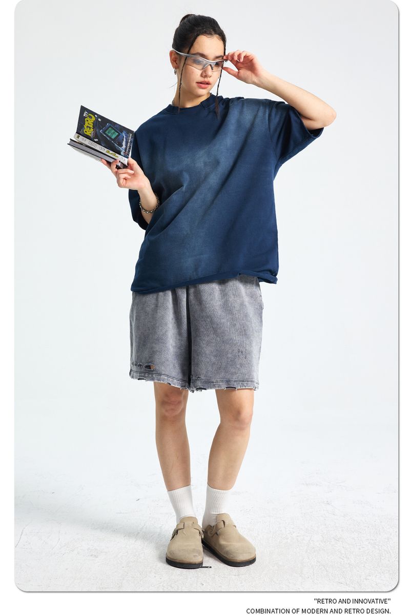 Amerikaanse stijl Gebroken kraag Losse rand Spray Dye Oud Retro Waswater Korte mouwen T-shirt Heren_voghion.com