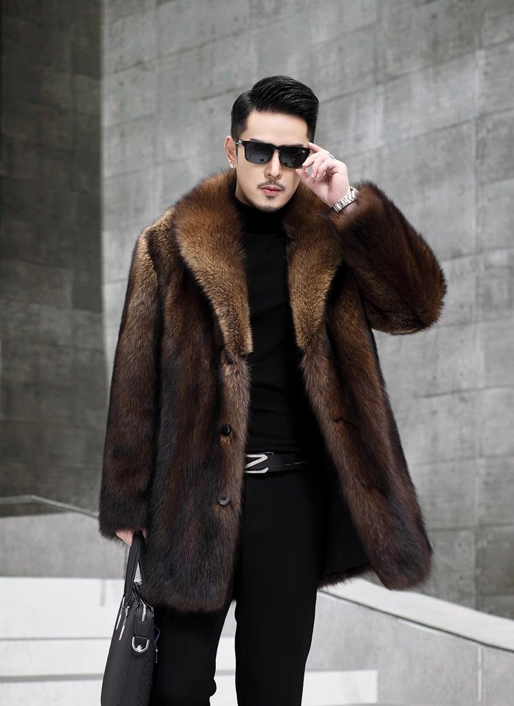 Casaco masculino de pele de vison sintético, longo, de inverno, slim fit, com decote em V, jaqueta casual com bolsos laterais (disponível nos tamanhos P-6XL, marrom)_voghion.com