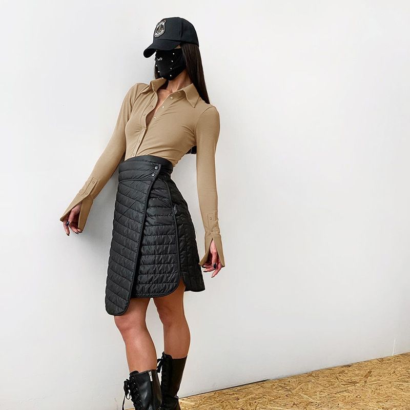 Spring And Autumn Women's Polo Collar Temperament, Half Button Slim Fit, Long Sleeves, Solid Color Jumpsuit Inside_voghion.com