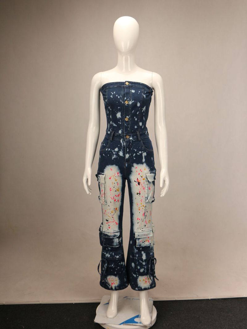 Women's Clothing Tight Waist Elastic Strapless Workwear Denim Jumpsuit _voghion.com