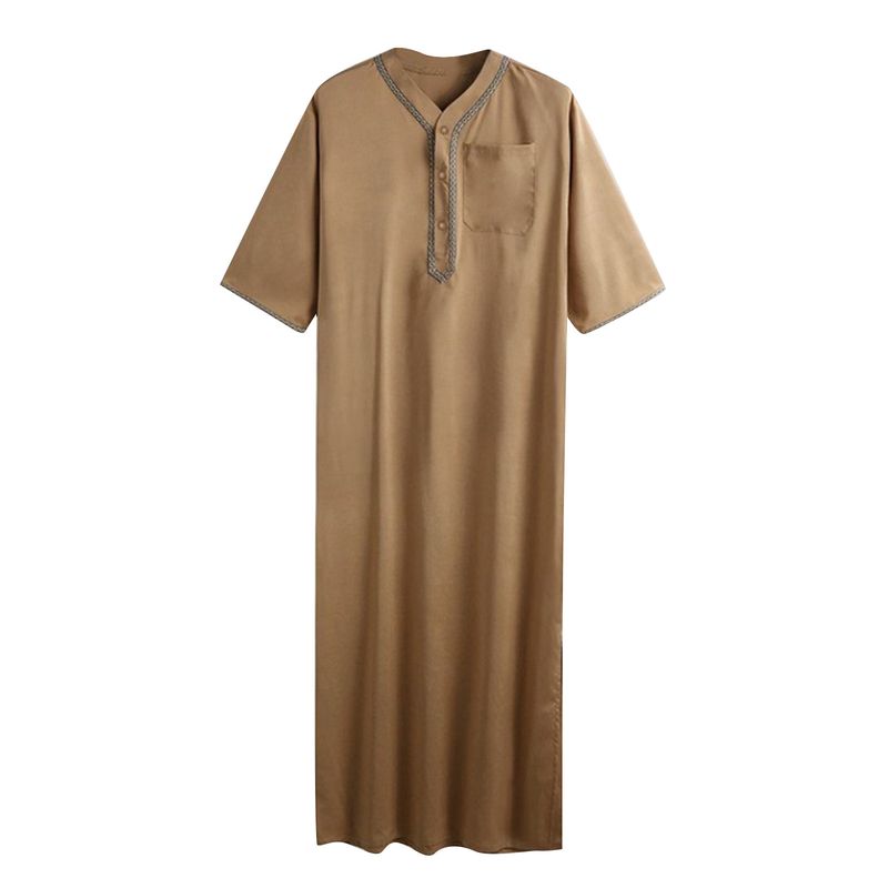 Jubba Thobe muçulmano cor sólida botão quimono robe médio camisa muçulmana saudita gola alta kaftan árabe islâmico masculino_voghion.com