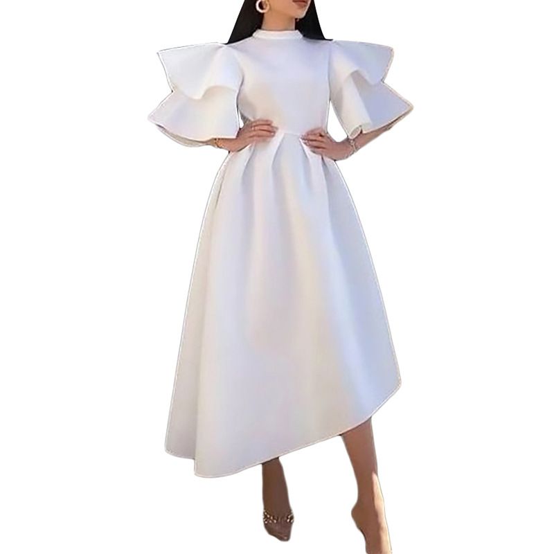 Imbracaminte dama vara noua strat dublu frunze de lotus maneca culoare solida rochie neregulata fusta rochie_voghion.com