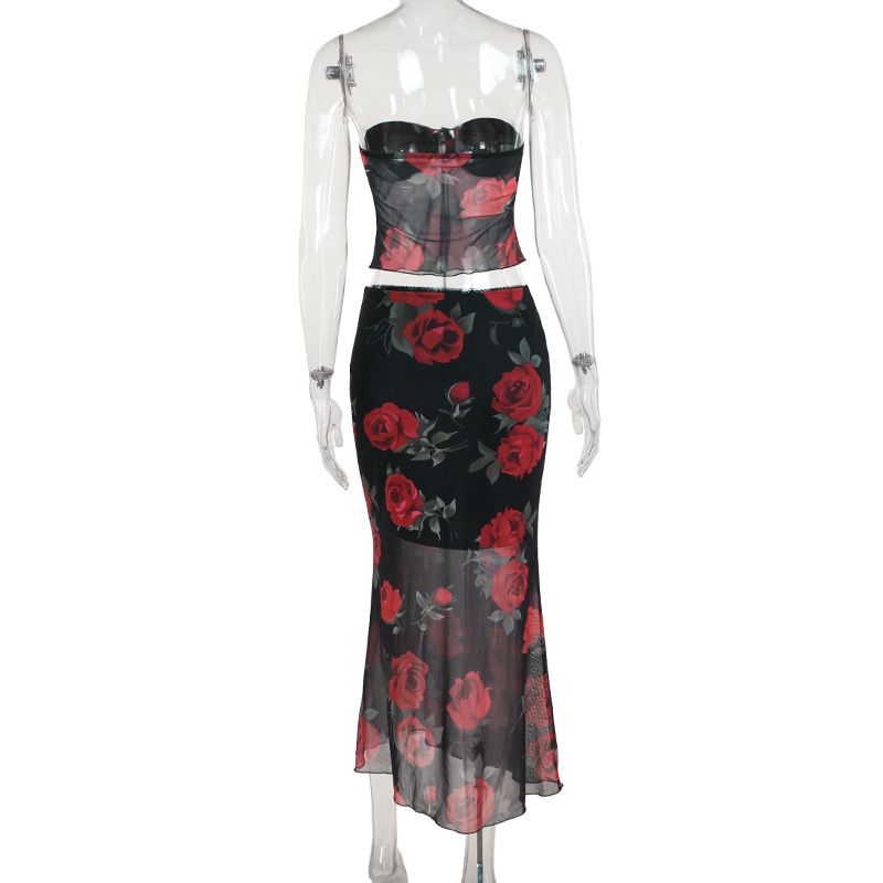 Women's Clothing Fashion Mesh Printed Tube Top Skirt Suit Summer New Slim Fit_voghion.com
