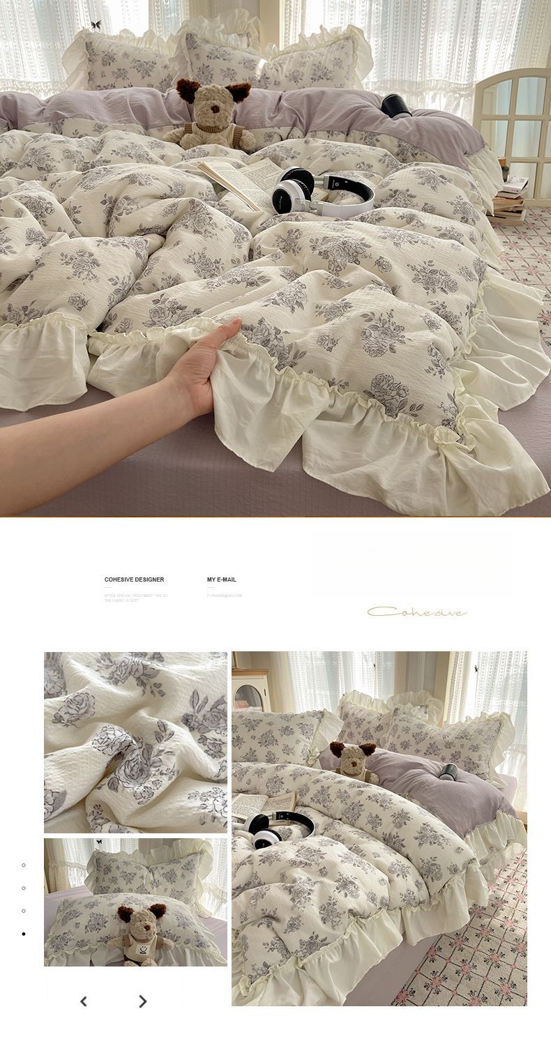 HIINII Girlish Heart Ins Cloud Sense Dwuwarstwowa poszewka na kołdrę z gazy Zou Cotton Edge w stylu pasterskim, cztery części_voghion.com