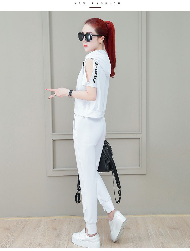 Ensemble deux pièces décontracté pour femme, tenue ample, épaules dénudées, capuche, manches courtes, pantalon long, été 2025_voghion.com