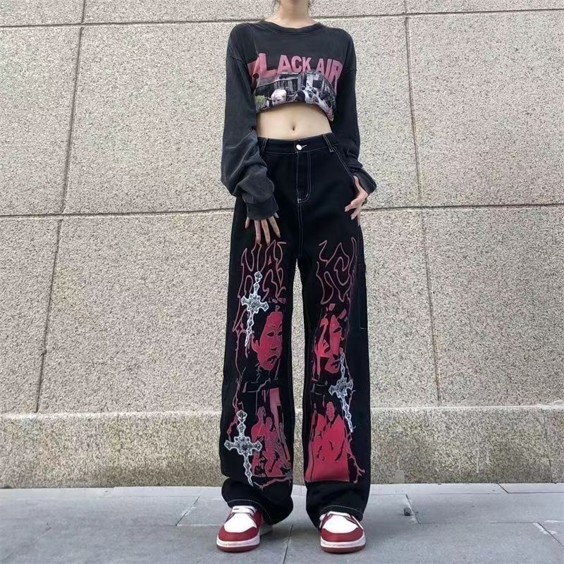 Hip Hop Dark Figure Print Lose Gerade Gewaschene Mode Jeans Casual Hosen_voghion.com