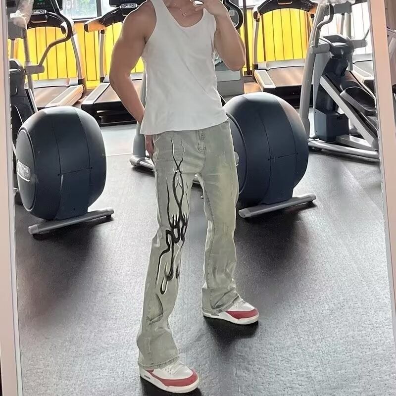 American High Street Washed Distressed Retro Flared Jeans Herren Flamme Afterimage Print Mopping Freizeithose_voghion.com