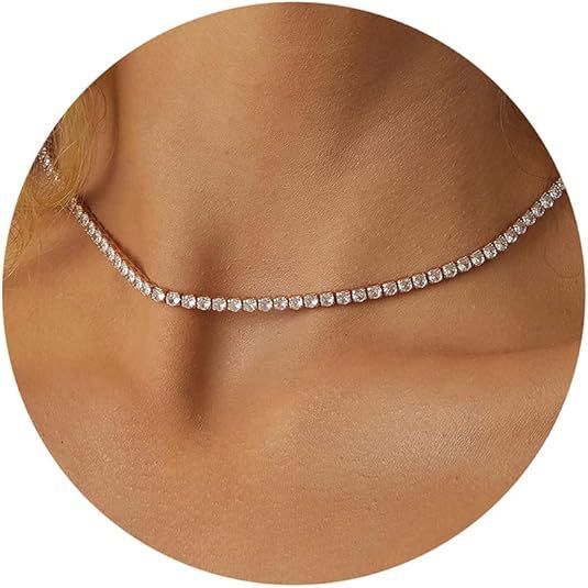 Trendy Hip-Hop Zirkon Halskette für Damen, Schlüsselbein Volle Tenniskette, Choker, Eingelegtes Diamanthalsband_voghion.com