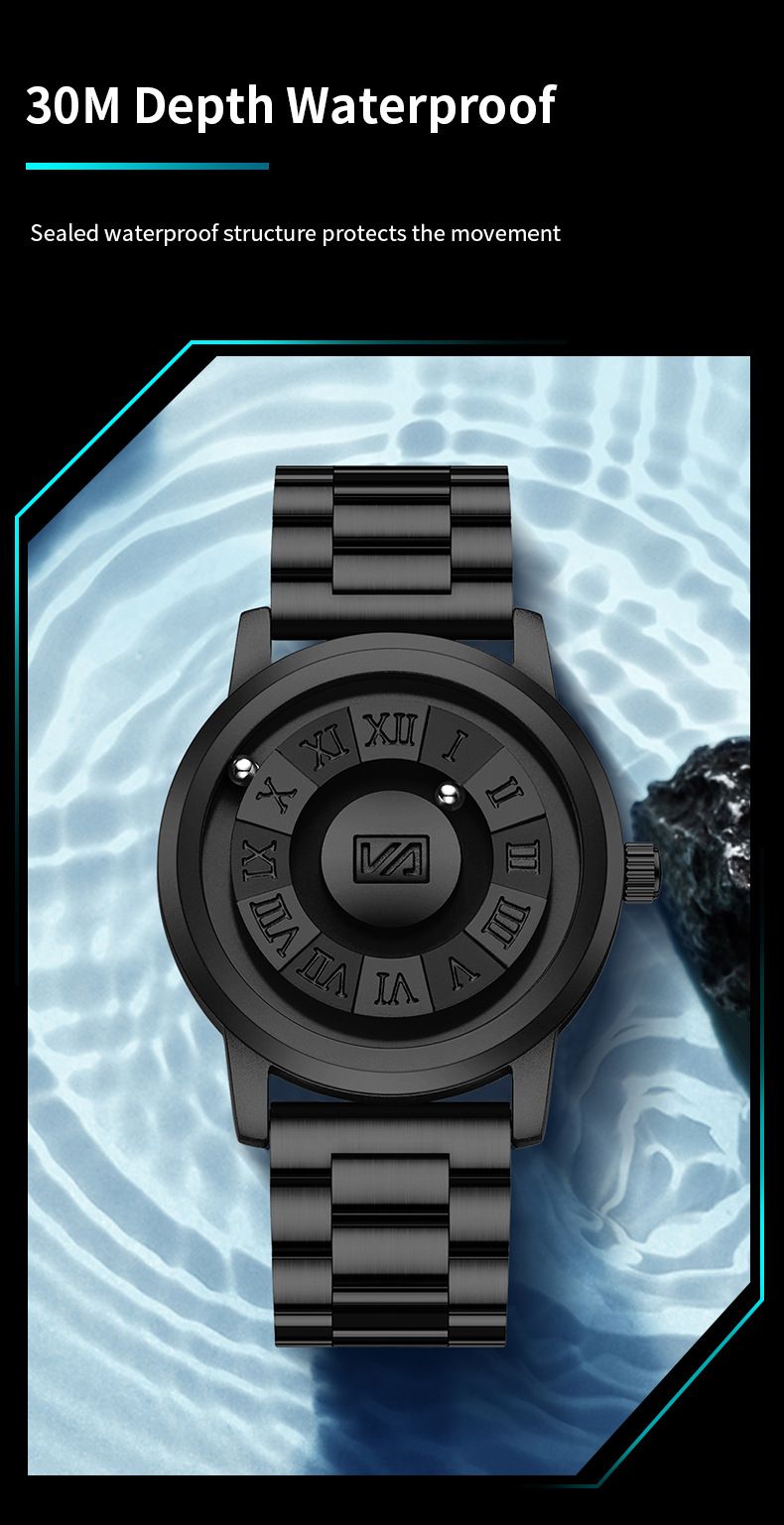 Orologio da uomo con tecnologia nera, concetto di sospensione magnetica, orologio da uomo impermeabile senza aghi_voghion.com
