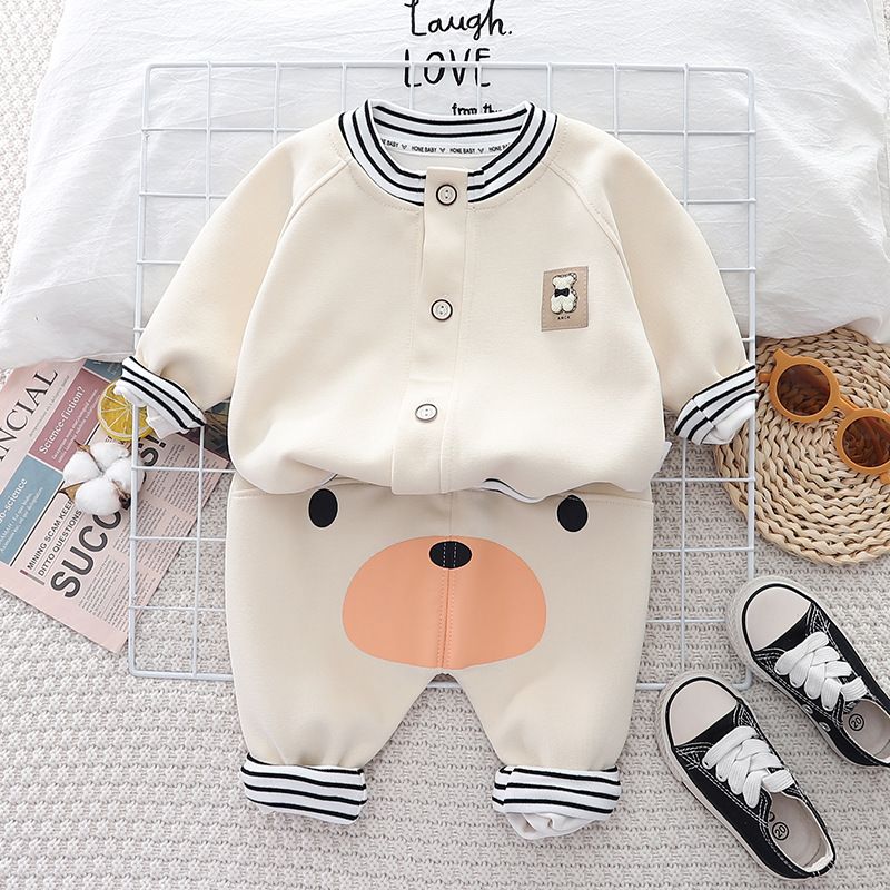 Spring And Autumn Baby Suit Bear Striped Suit High Waist Pp Pants Children's Coat Pants Two Piece Suit Trendy Split Suit_voghion.com