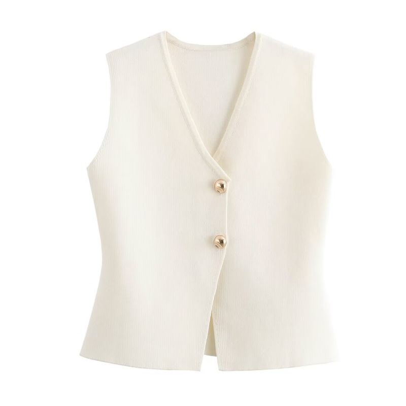 Débardeur tricoté à boutons dorés pour femme, nouvelle mode automne 2024 w063 2038_voghion.com