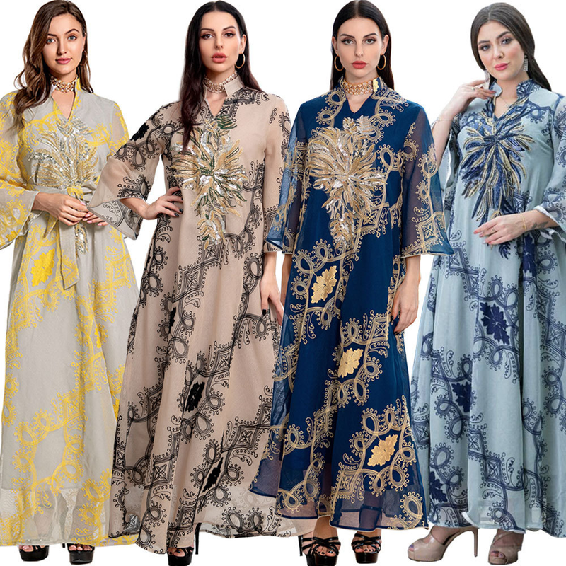 Női ruha, abaya, muszlim etnikai stílusú, gyöngyös, virágos, nagy szoknyájú estélyi ruha_voghion.com
