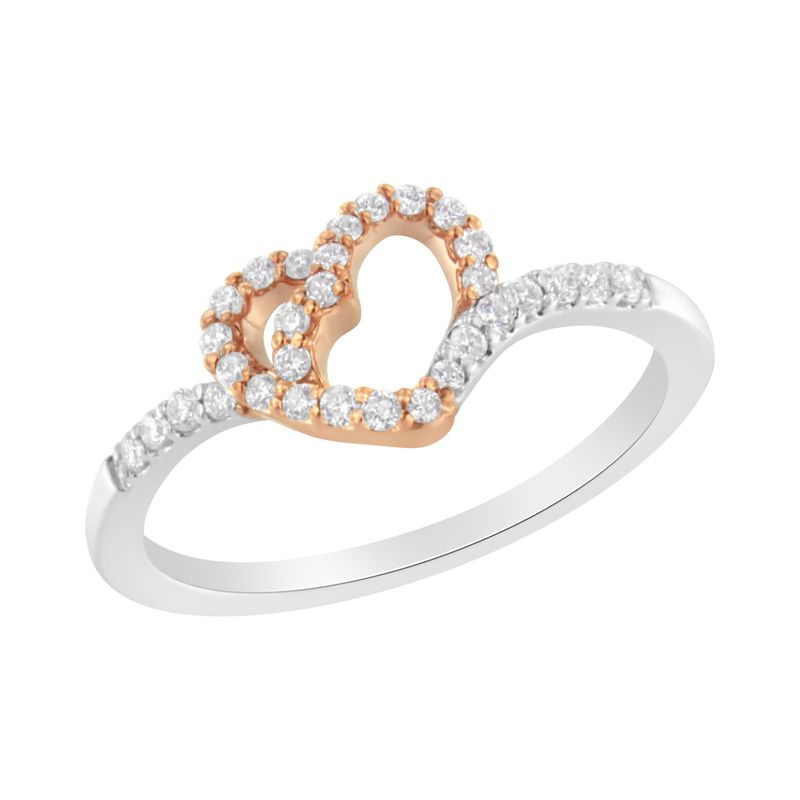 10K Rose Gold over .925 Sterling Silver 1/5 Cttw Diamond Two Tone Open Heart Promise or Fashion Ring (I-J Color, I2-I3 Clarity)_voghion.com