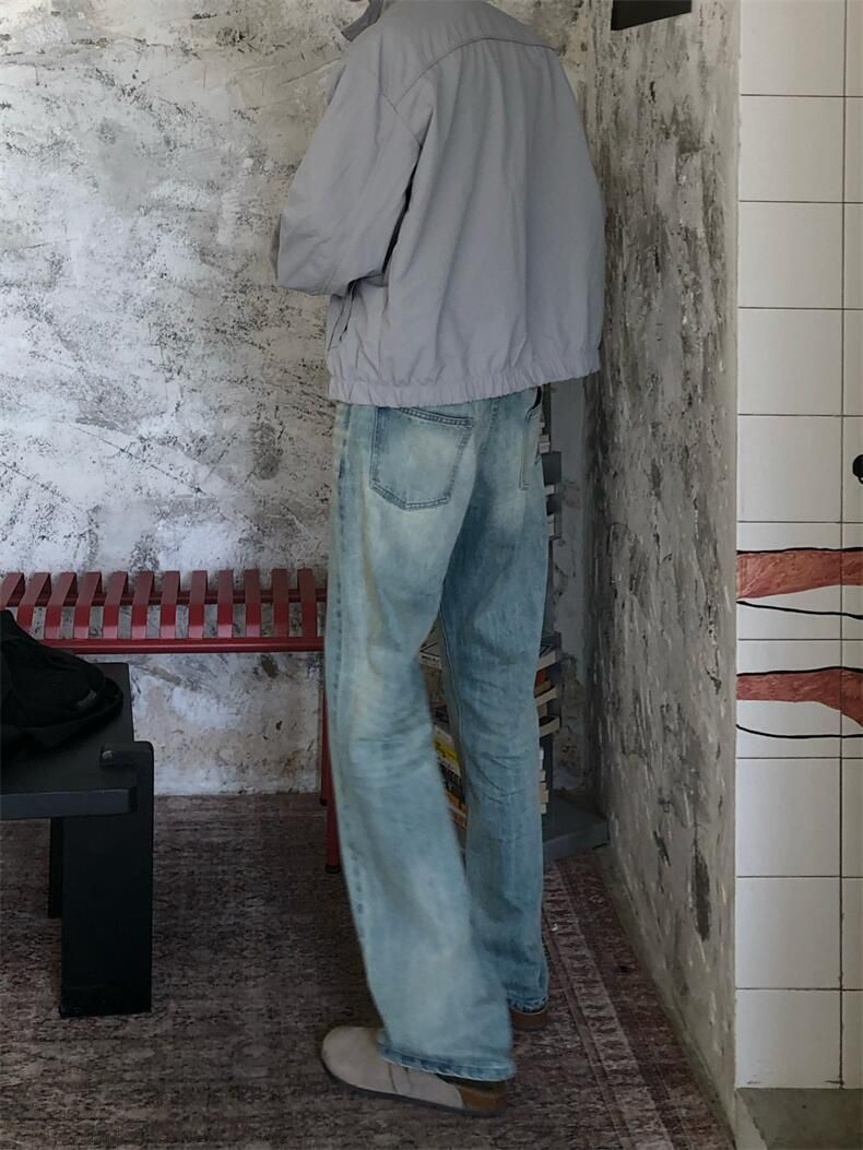 Men’s Ice Blue Distressed Jeans – Vintage Cat Whisker & Scratch Washed Denim With Flared Straight Cut (M-XXL)_voghion.com