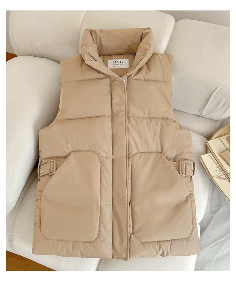 Women's Clothing autumn and winter new women's clothing trend solid color belt fashionable cotton vest fashionable stand up collar flat coat jacket_voghion.com