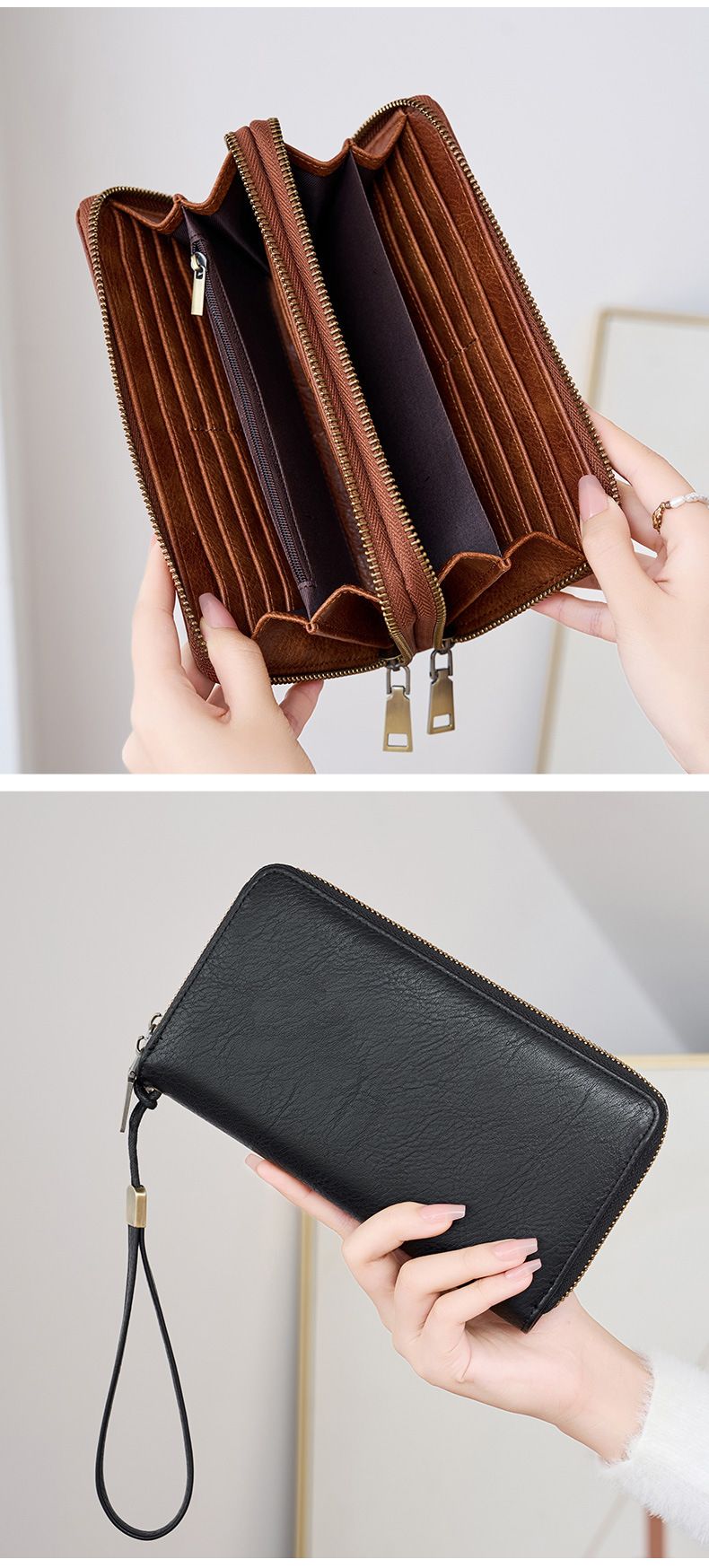 Herren-Geldbörse mit RFID-Schutz, Business-Geldbörse für Herren, modische Geldbörse mit Doppelreißverschluss, lange Geldbörse im Retro-Stil, große Kapazität, Damen-Clutch._voghion.com