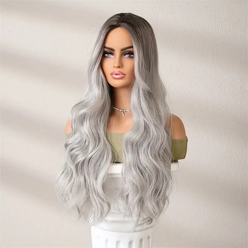 Peluca sintética nueva de moda con división central, onda grande, negro, gris, cambio Gradual de Color, rizado largo, conjunto de cabeza completa blanco plateado_voghion.com