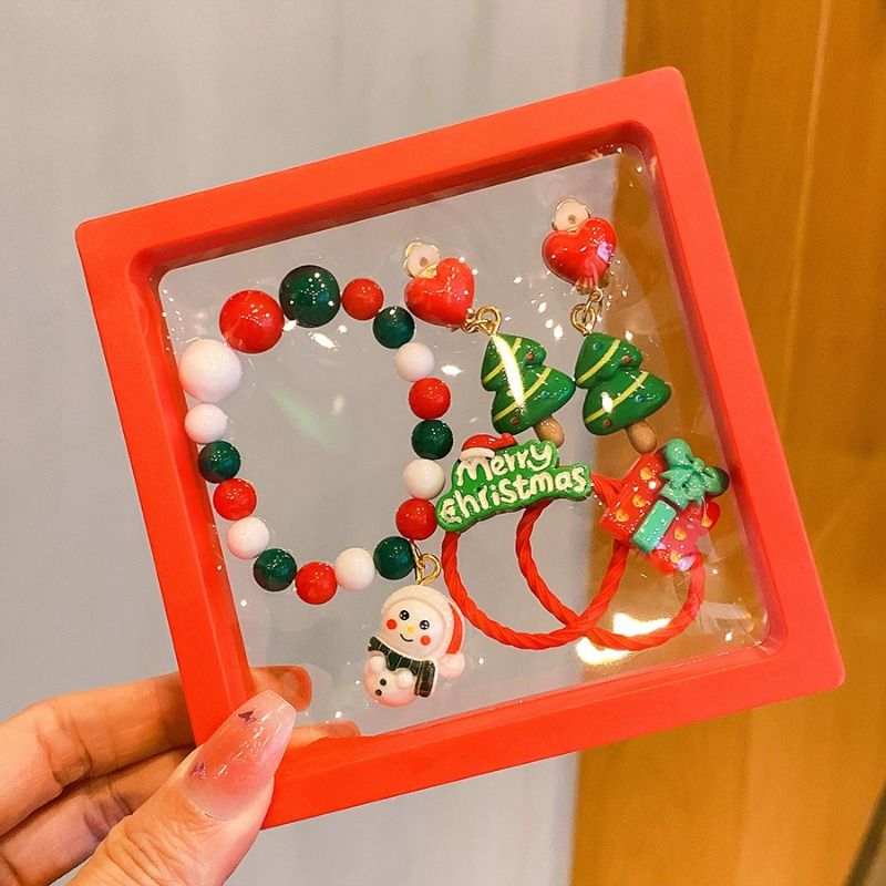 Christmas Jewelry Set For Kids, Festive Beaded Bracelet & Ring Sets With Santa, Snowman & Tree Charms In Red Gift Boxes, Holiday Gift & Party Favor Je_voghion.com