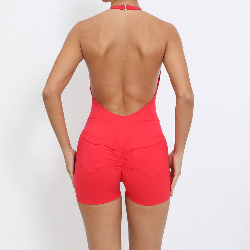 Vêtements pour femmes, couleur unie, poches, col licou, combinaison serrée, sport, fitness, course à pied, combinaison à trois points, short _voghion.com