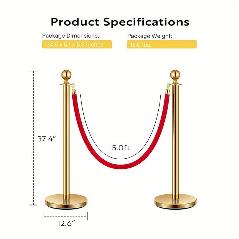 4PCS Premium Stainless Steel Stanchion Posts With 2 Red Velvet Ropes - Adjustable Crowd Control Barriers With Weighted Bases For Events, Weddings, Museums, Theaters & VIP Areas_voghion.com