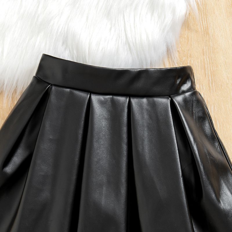 Kinderkleidung Neue Produkte Frühling und Herbst Mädchen Mesh Blume Langarm Top Pu Lederrock Zweiteiliger Anzug_voghion.com